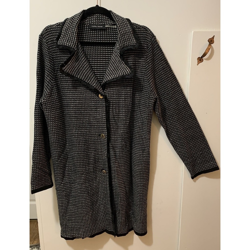 Ivanka Trump Women's Medium Black and White‎ Houndstooth Sweater Duster Cardigan